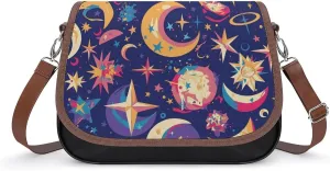 Women's Handbag Moon Stars Pattern Colorful Satchel Bag Leather Crossbody Bag Waterproof Messenger Bag