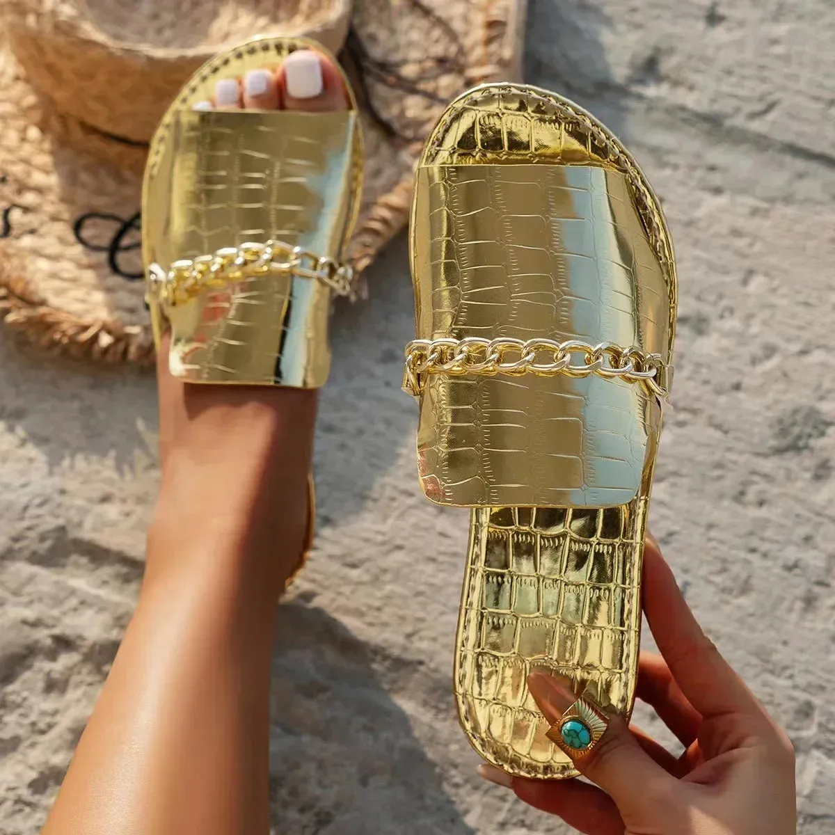 Women's Luxury Gold Metal Chain Decor Flat Slippers