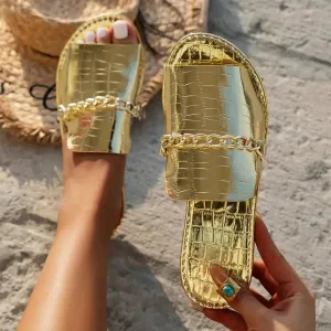Women's Luxury Gold Metal Chain Decor Flat Slippers