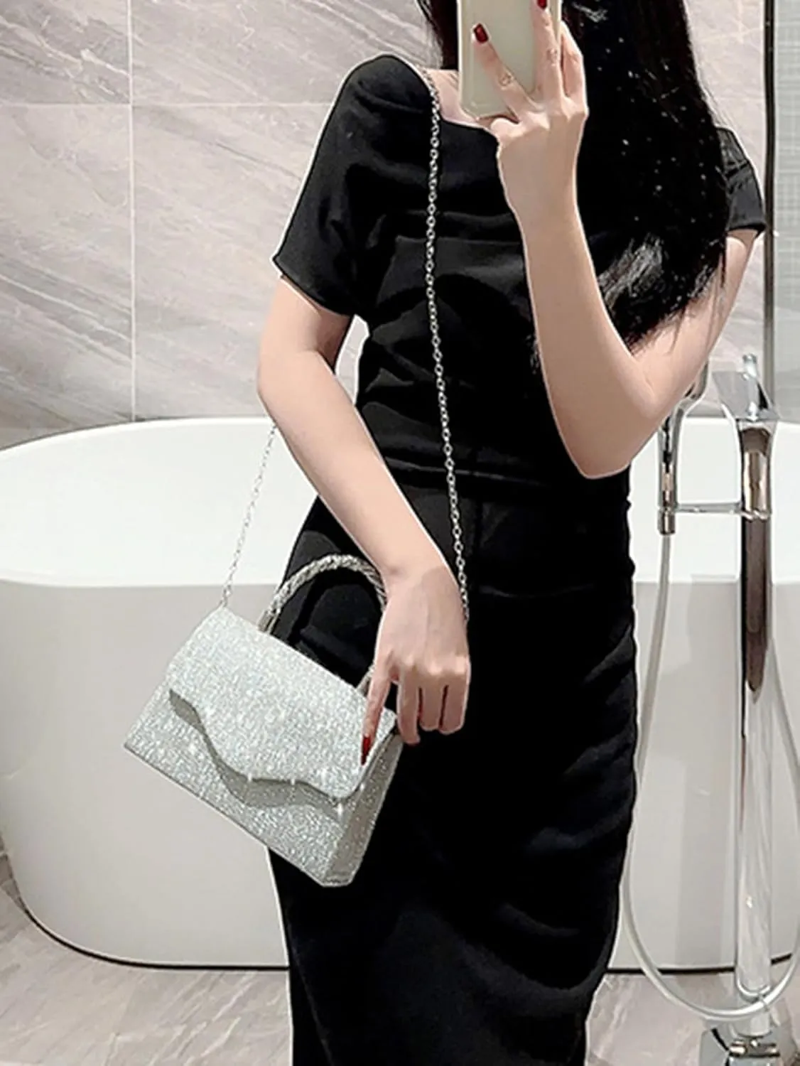 Women's Rhinestone Evening Bag Glitter Clutch Purses Crystal Pearl Party Handbags with Chain