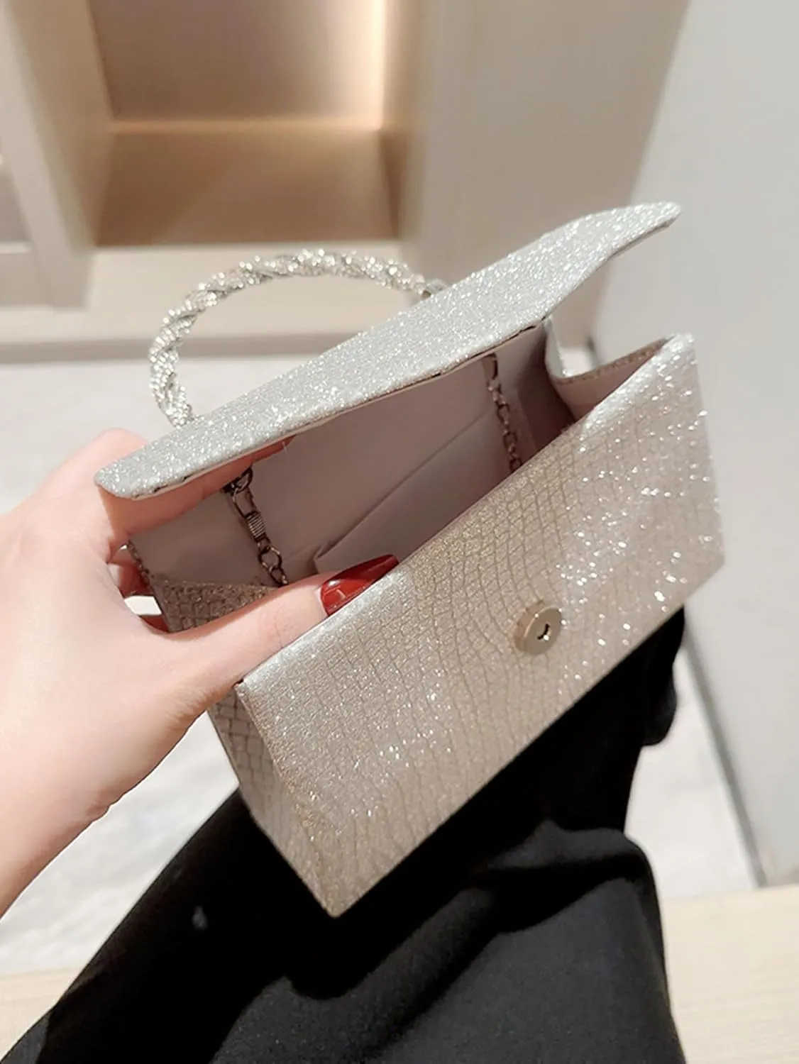 Women's Rhinestone Evening Bag Glitter Clutch Purses Crystal Pearl Party Handbags with Chain
