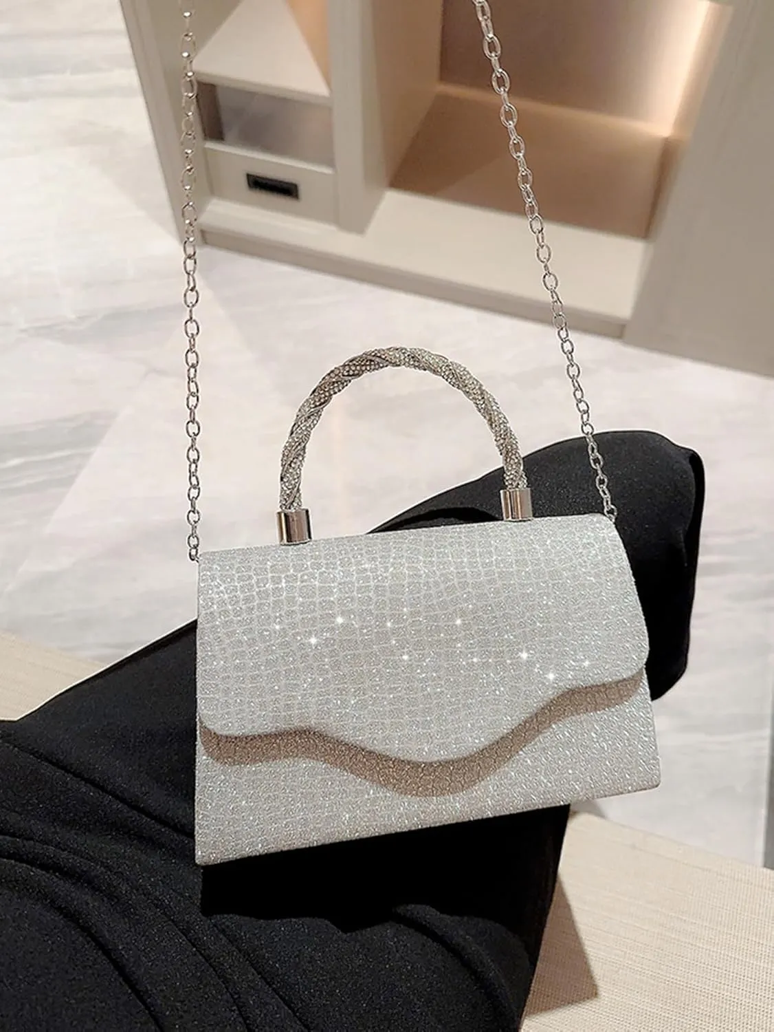 Women's Rhinestone Evening Bag Glitter Clutch Purses Crystal Pearl Party Handbags with Chain