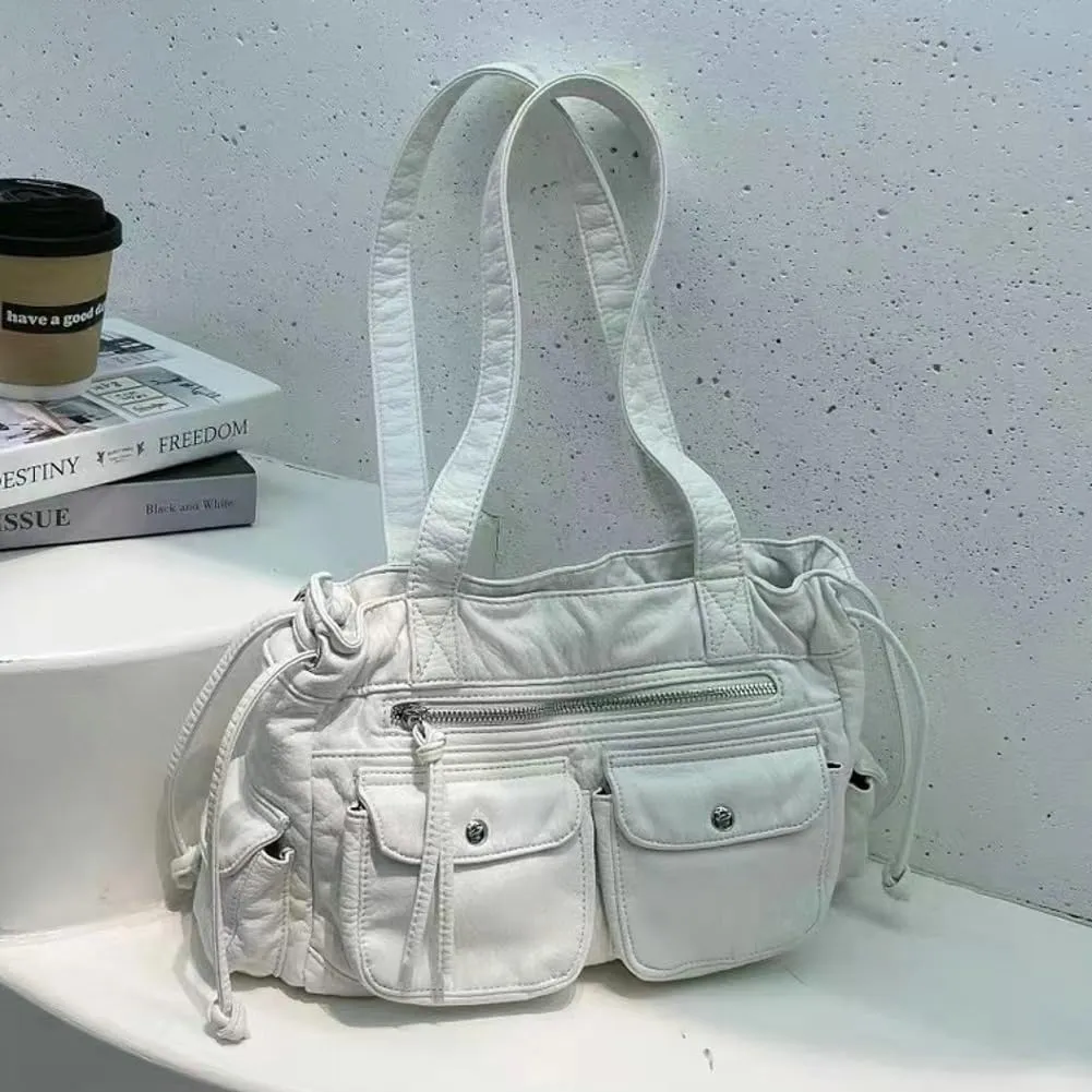 Womens Soft Vegan Leather Shoulder Bag Large Vintage Y2k Tote Purse Handbag Pleated Multi Pocket Satchels