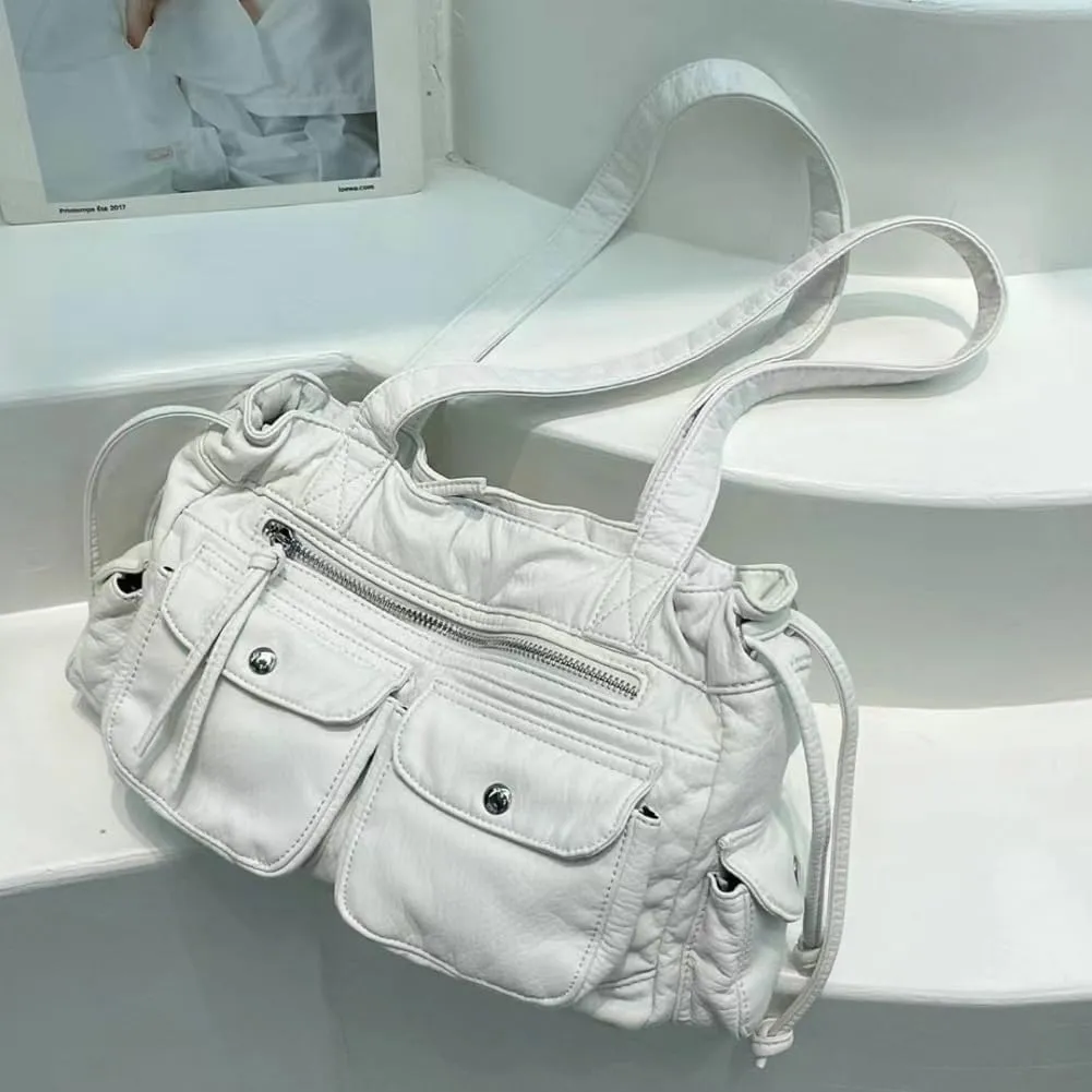 Womens Soft Vegan Leather Shoulder Bag Large Vintage Y2k Tote Purse Handbag Pleated Multi Pocket Satchels