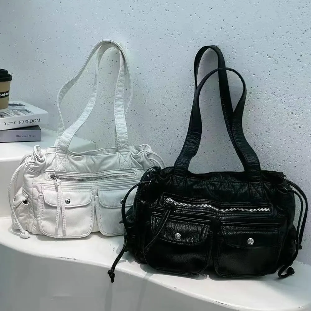 Womens Soft Vegan Leather Shoulder Bag Large Vintage Y2k Tote Purse Handbag Pleated Multi Pocket Satchels
