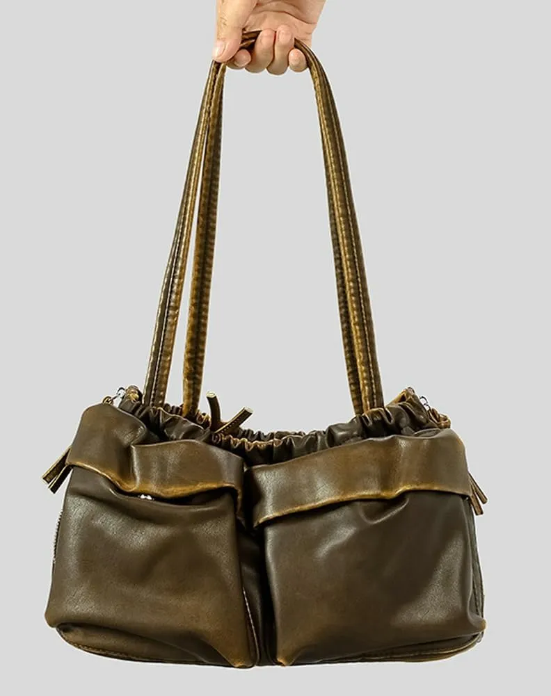 Womens Soft Vegan Leather Shoulder Bag Large Vintage Y2k Tote Purse Handbag Pleated Multi Pocket Satchels