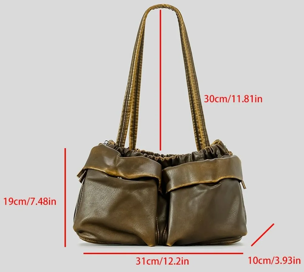 Womens Soft Vegan Leather Shoulder Bag Large Vintage Y2k Tote Purse Handbag Pleated Multi Pocket Satchels