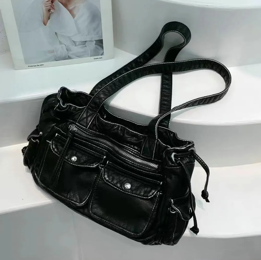 Womens Soft Vegan Leather Shoulder Bag Large Vintage Y2k Tote Purse Handbag Pleated Multi Pocket Satchels