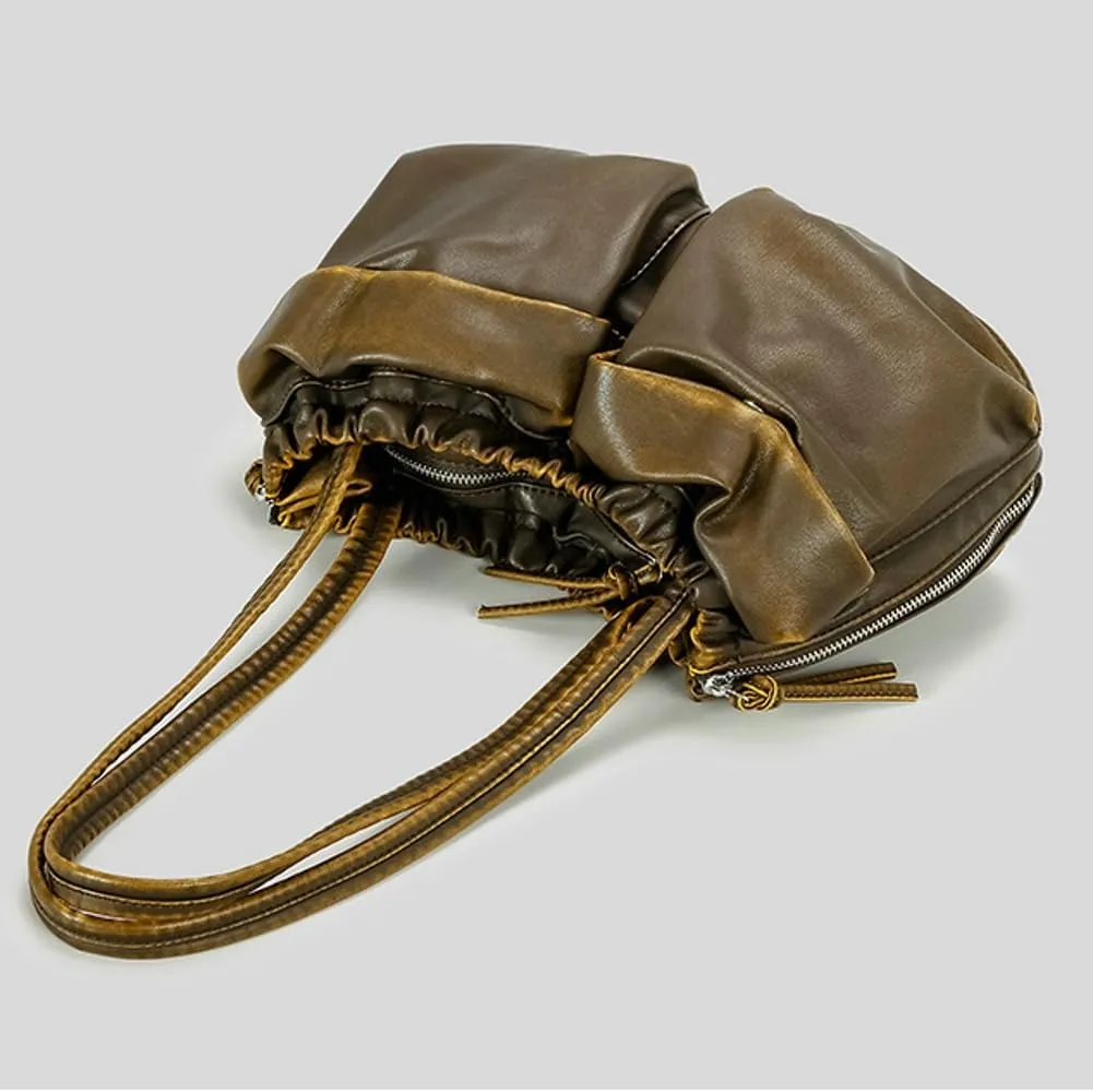 Womens Soft Vegan Leather Shoulder Bag Large Vintage Y2k Tote Purse Handbag Pleated Multi Pocket Satchels