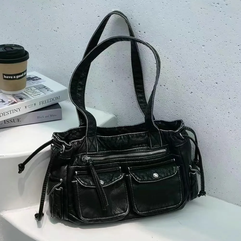 Womens Soft Vegan Leather Shoulder Bag Large Vintage Y2k Tote Purse Handbag Pleated Multi Pocket Satchels