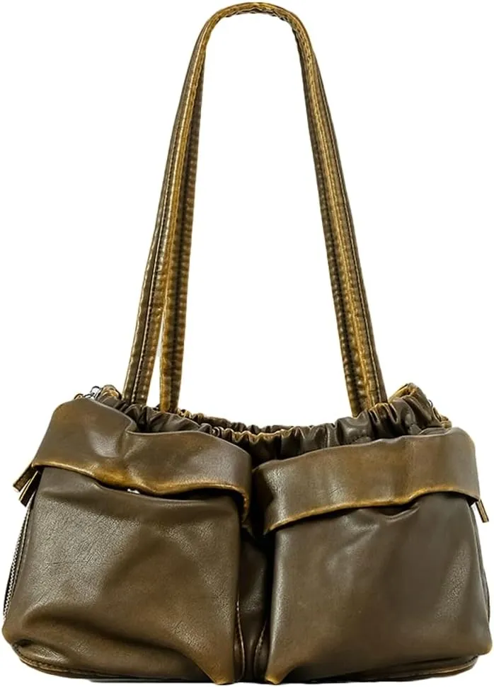 Womens Soft Vegan Leather Shoulder Bag Large Vintage Y2k Tote Purse Handbag Pleated Multi Pocket Satchels