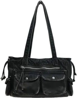 Womens Soft Vegan Leather Shoulder Bag Large Vintage Y2k Tote Purse Handbag Pleated Multi Pocket Satchels