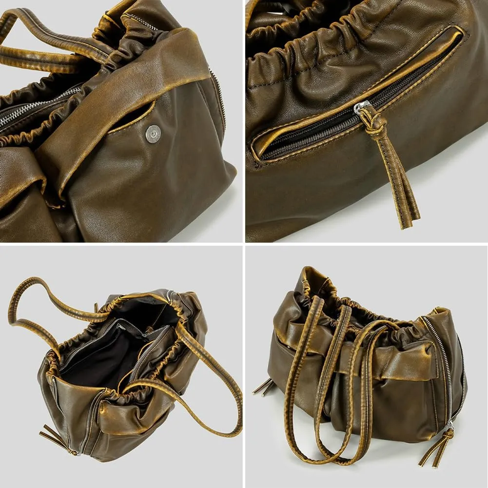 Womens Soft Vegan Leather Shoulder Bag Large Vintage Y2k Tote Purse Handbag Pleated Multi Pocket Satchels