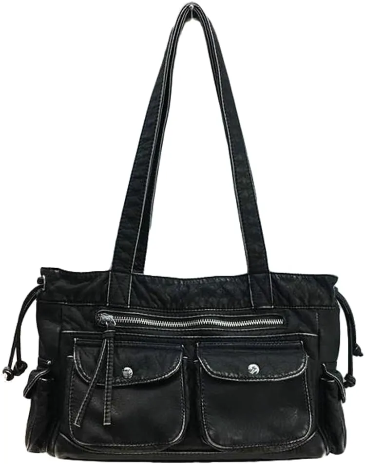 Womens Soft Vegan Leather Shoulder Bag Large Vintage Y2k Tote Purse Handbag Pleated Multi Pocket Satchels