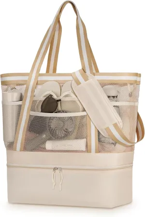 WOOMADA Beach Tote Bag With Cooler, Large Mesh Beach Bags for Women with Wet Pocket, Pool, Swim, Travel Essentials
