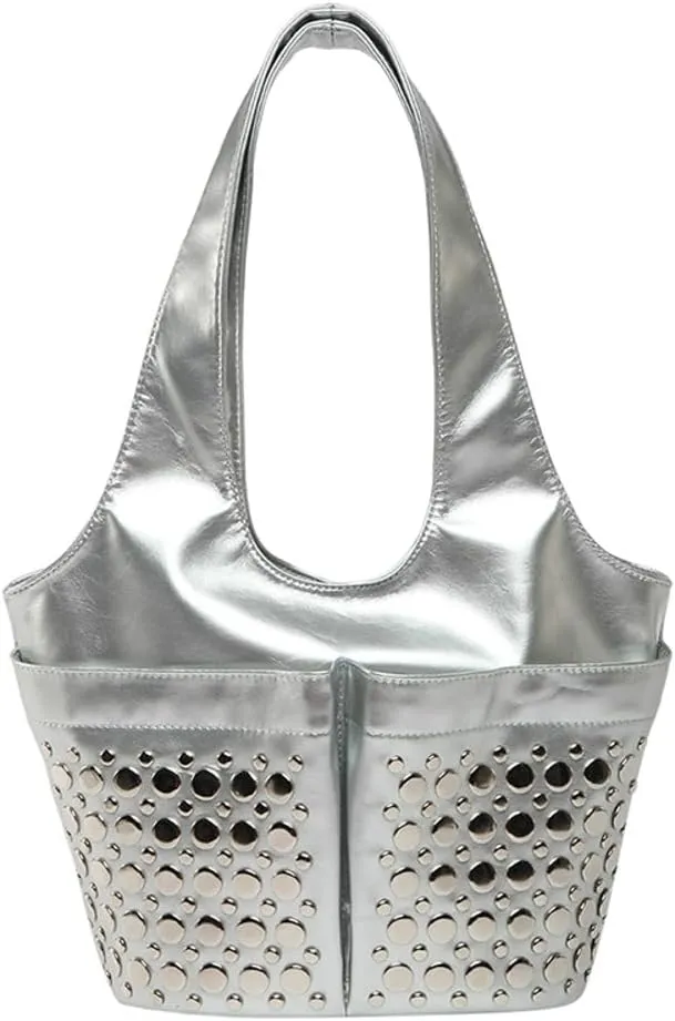 Y2k 90s Studded Hobo Bags Women PU Leather Punk Crescent Crossbody Purse Satchels Trendy Underarm Shoulder Tote Handbag