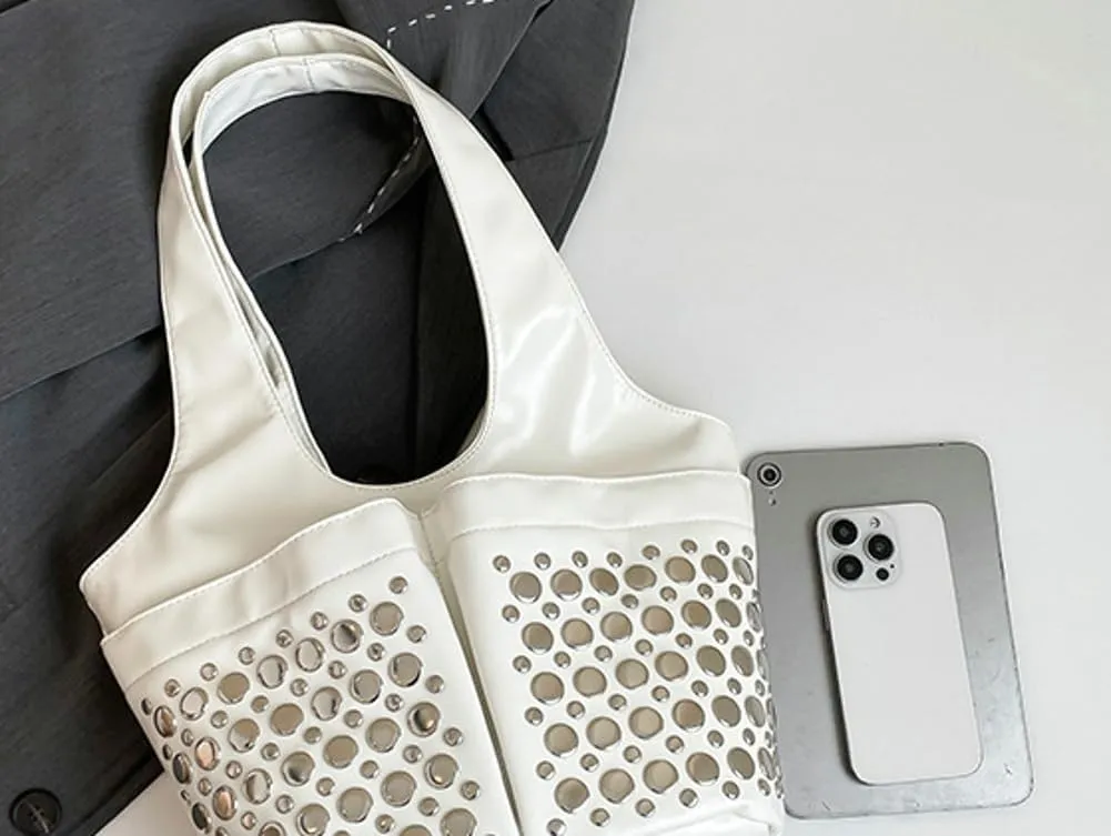 Y2k 90s Studded Hobo Bags Women PU Leather Punk Crescent Crossbody Purse Satchels Trendy Underarm Shoulder Tote Handbag