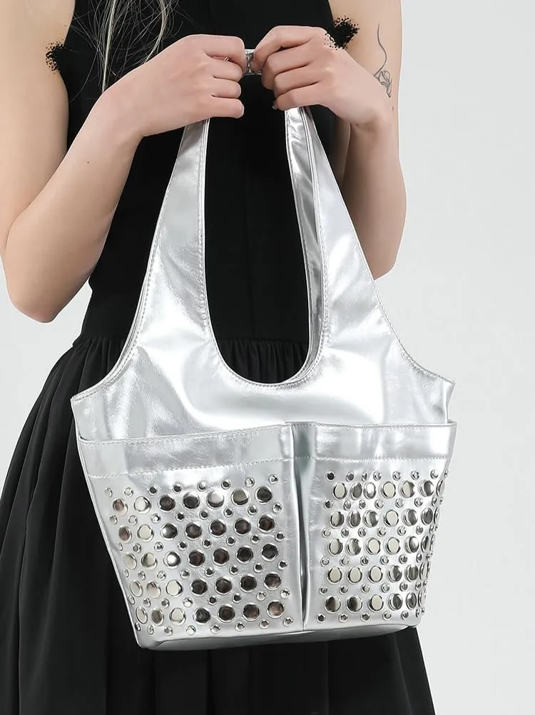 Y2k 90s Studded Hobo Bags Women PU Leather Punk Crescent Crossbody Purse Satchels Trendy Underarm Shoulder Tote Handbag