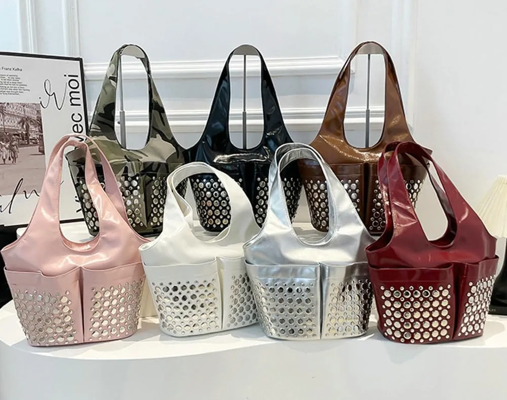 Y2k 90s Studded Hobo Bags Women PU Leather Punk Crescent Crossbody Purse Satchels Trendy Underarm Shoulder Tote Handbag