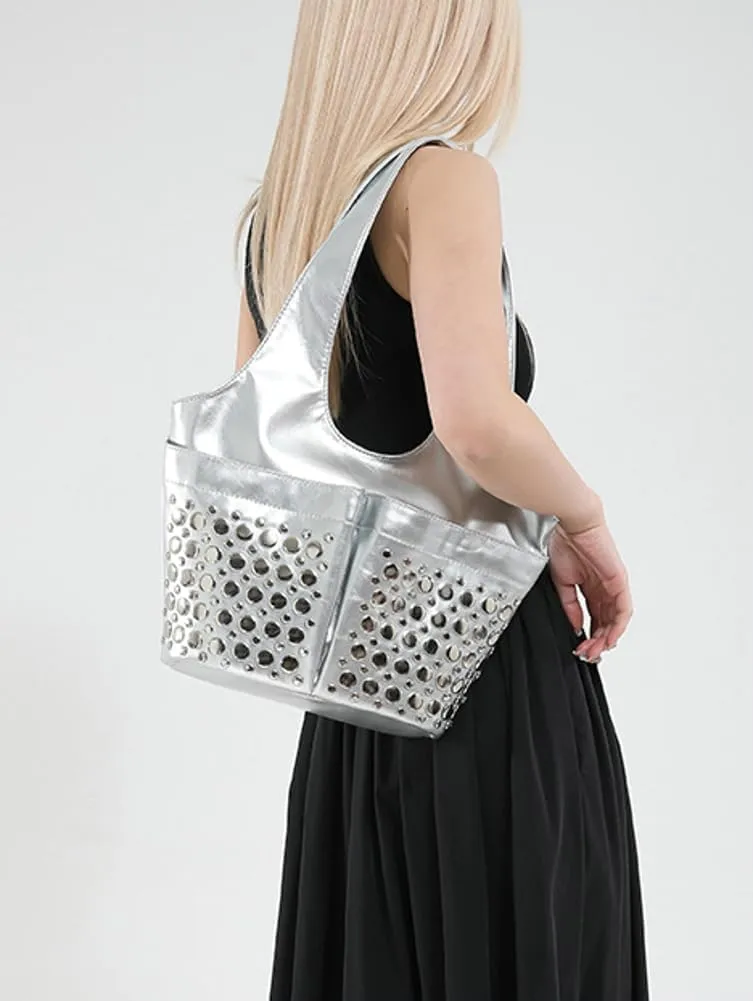 Y2k 90s Studded Hobo Bags Women PU Leather Punk Crescent Crossbody Purse Satchels Trendy Underarm Shoulder Tote Handbag