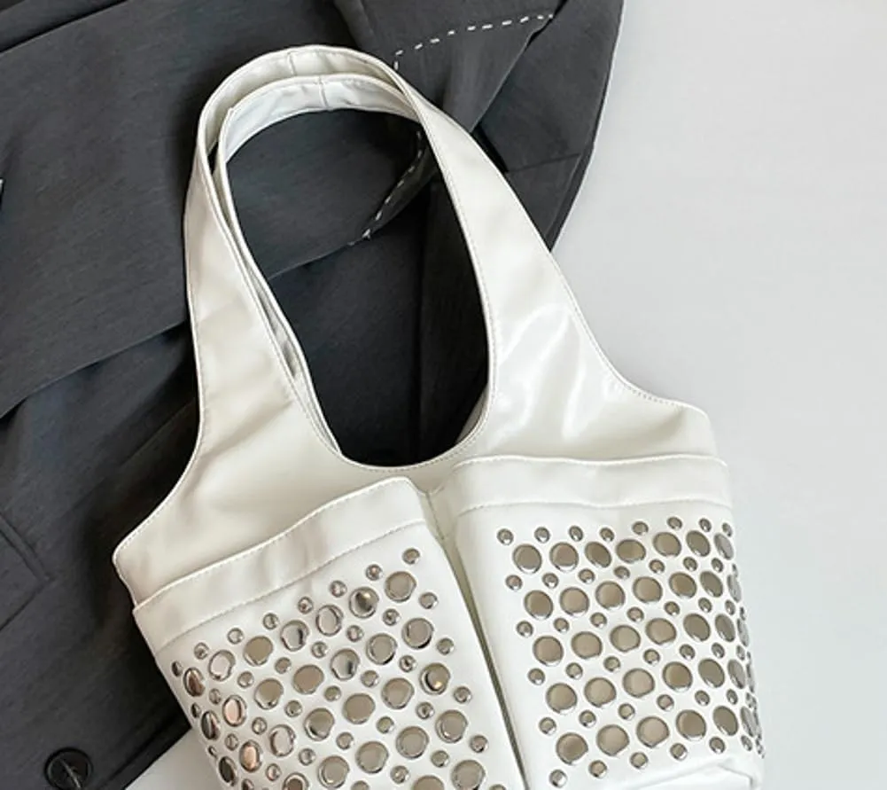 Y2k 90s Studded Hobo Bags Women PU Leather Punk Crescent Crossbody Purse Satchels Trendy Underarm Shoulder Tote Handbag