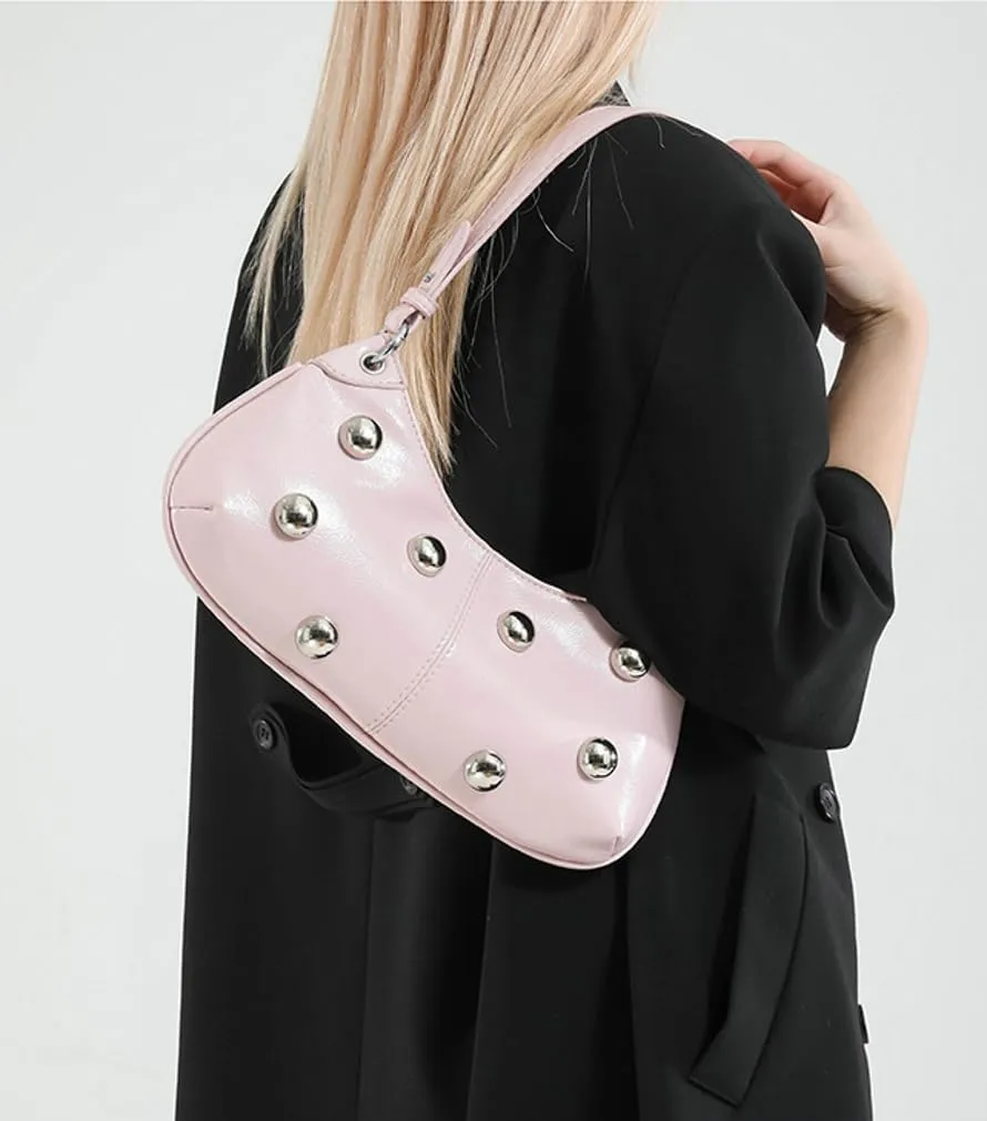 Y2k Crescent Hobo Bags Women Trendy 90s Punk PU Leather Studded Shoulder Satchels Crossbody Purse Underarm Tote Handbag