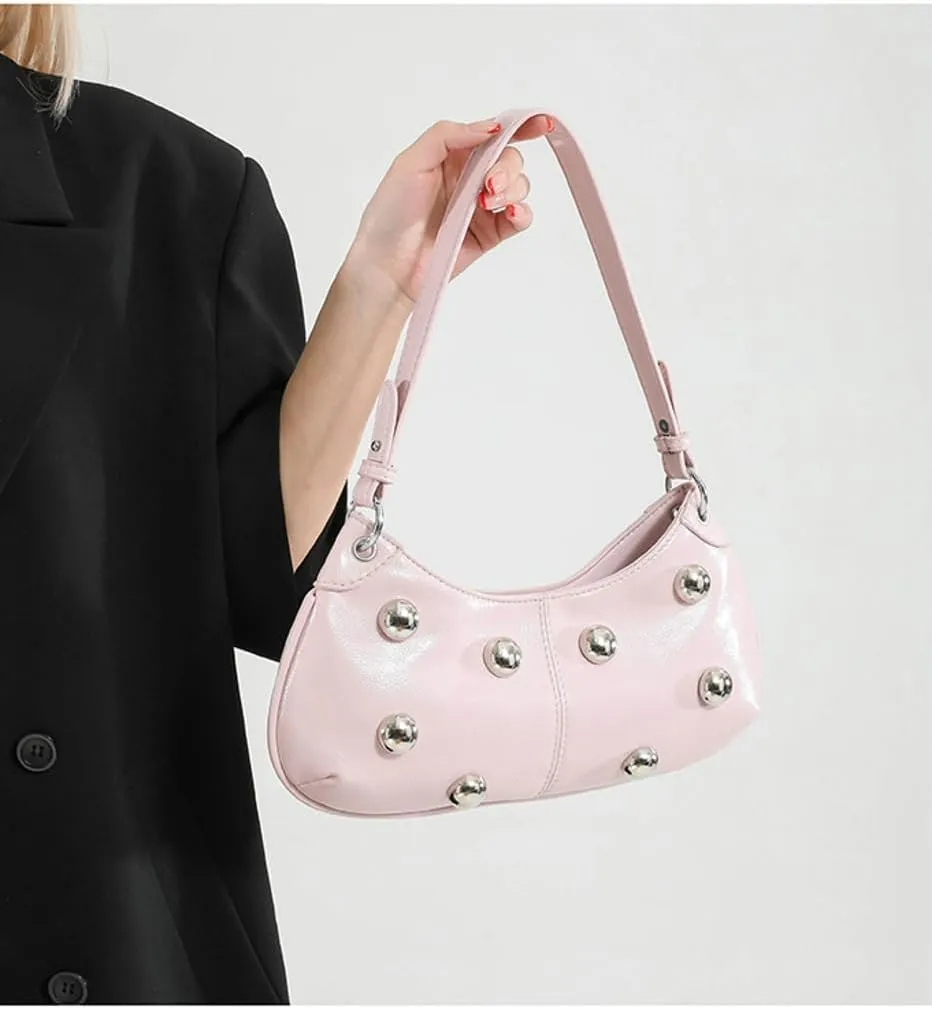 Y2k Crescent Hobo Bags Women Trendy 90s Punk PU Leather Studded Shoulder Satchels Crossbody Purse Underarm Tote Handbag