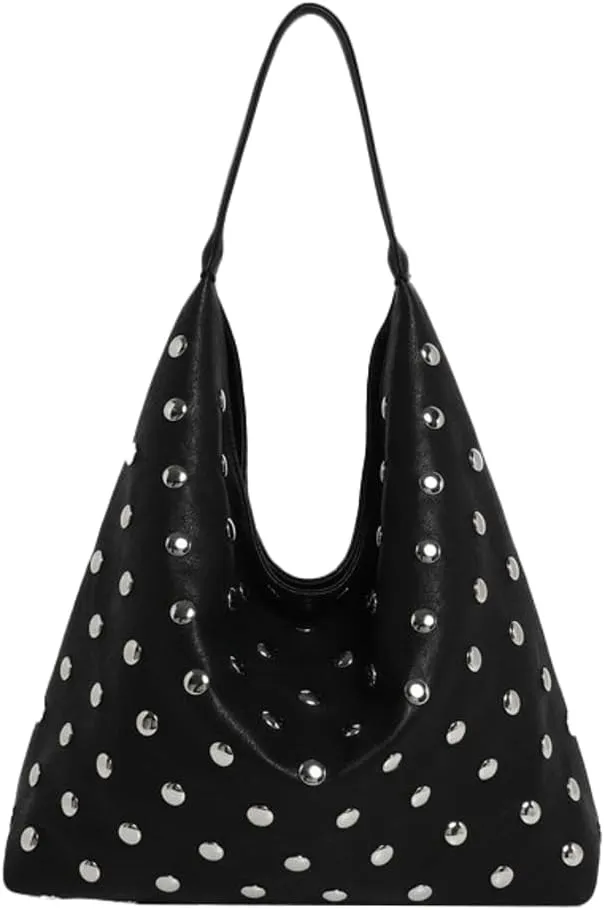 Y2k Studded Hobo Bags Women Trendy 90s Punk PU Leather Underarm Crescent Crossbody Purse Shoulder Satchels Tote Handbag