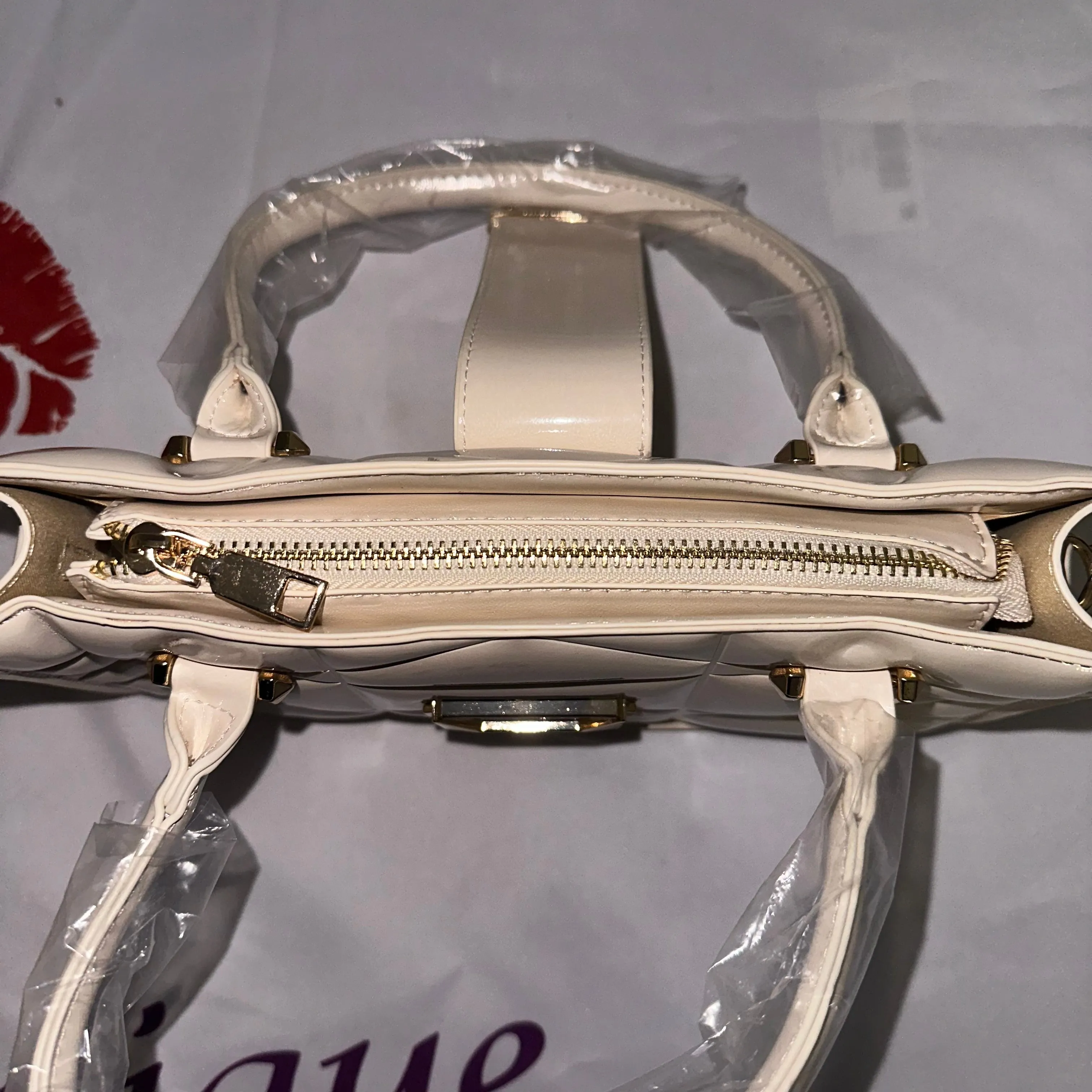 Zayaa Ivory Faux Patent Leather Convertible Handbag
