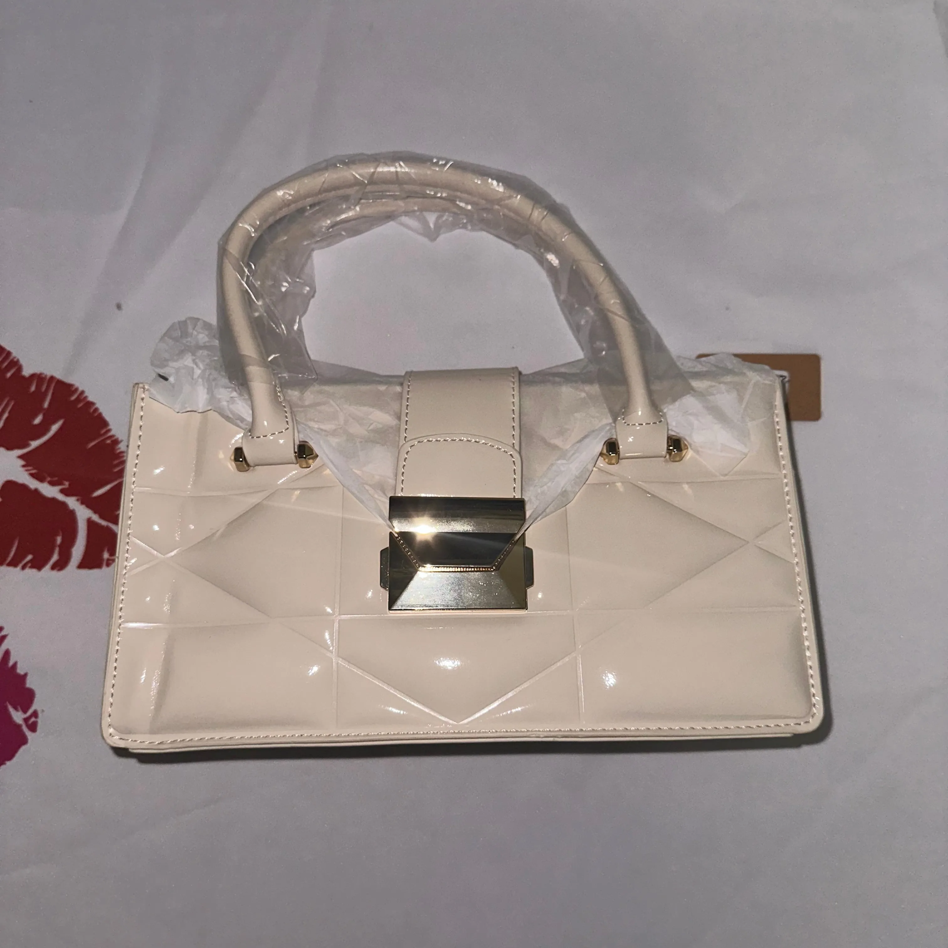 Zayaa Ivory Faux Patent Leather Convertible Handbag