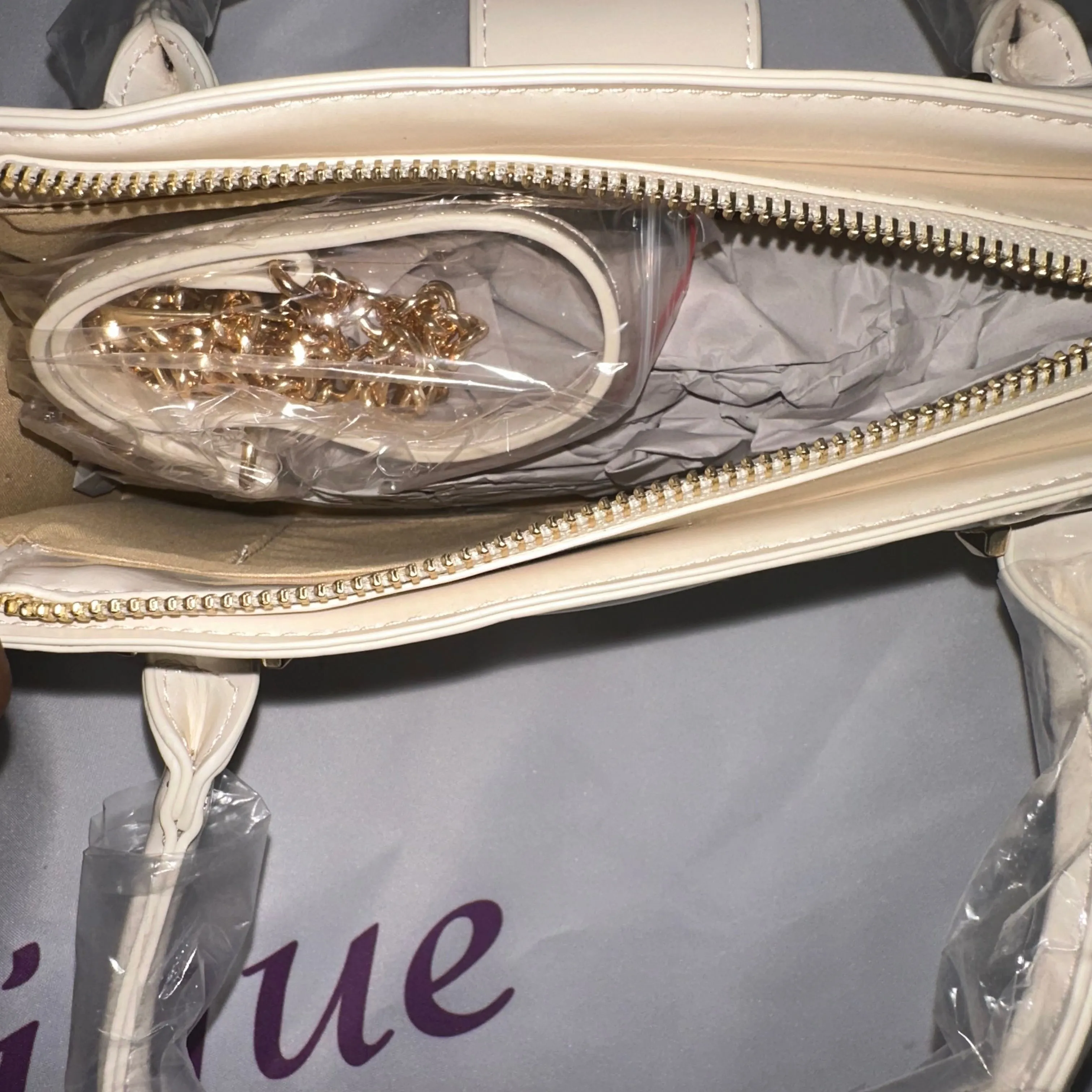 Zayaa Ivory Faux Patent Leather Convertible Handbag