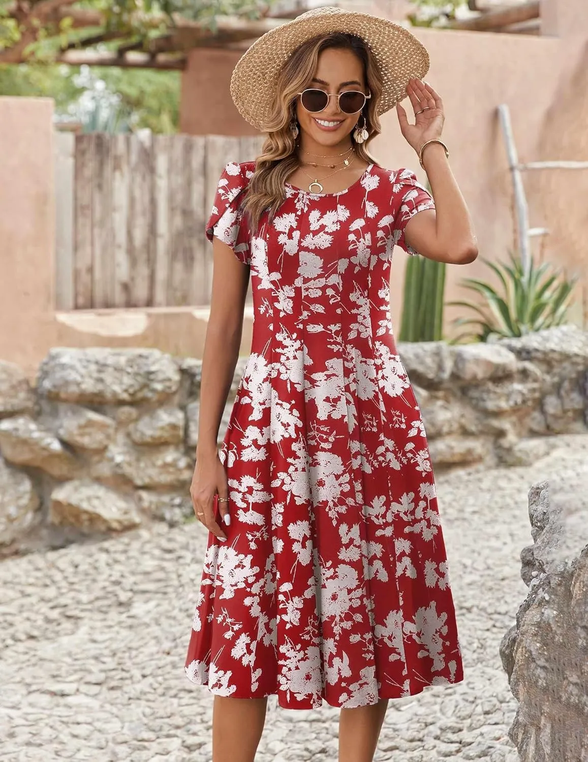 Zeagoo Womens Casual Dresses for Summer Short Sleeve Flare Midi Dress Loose Flowy Beach Sundress