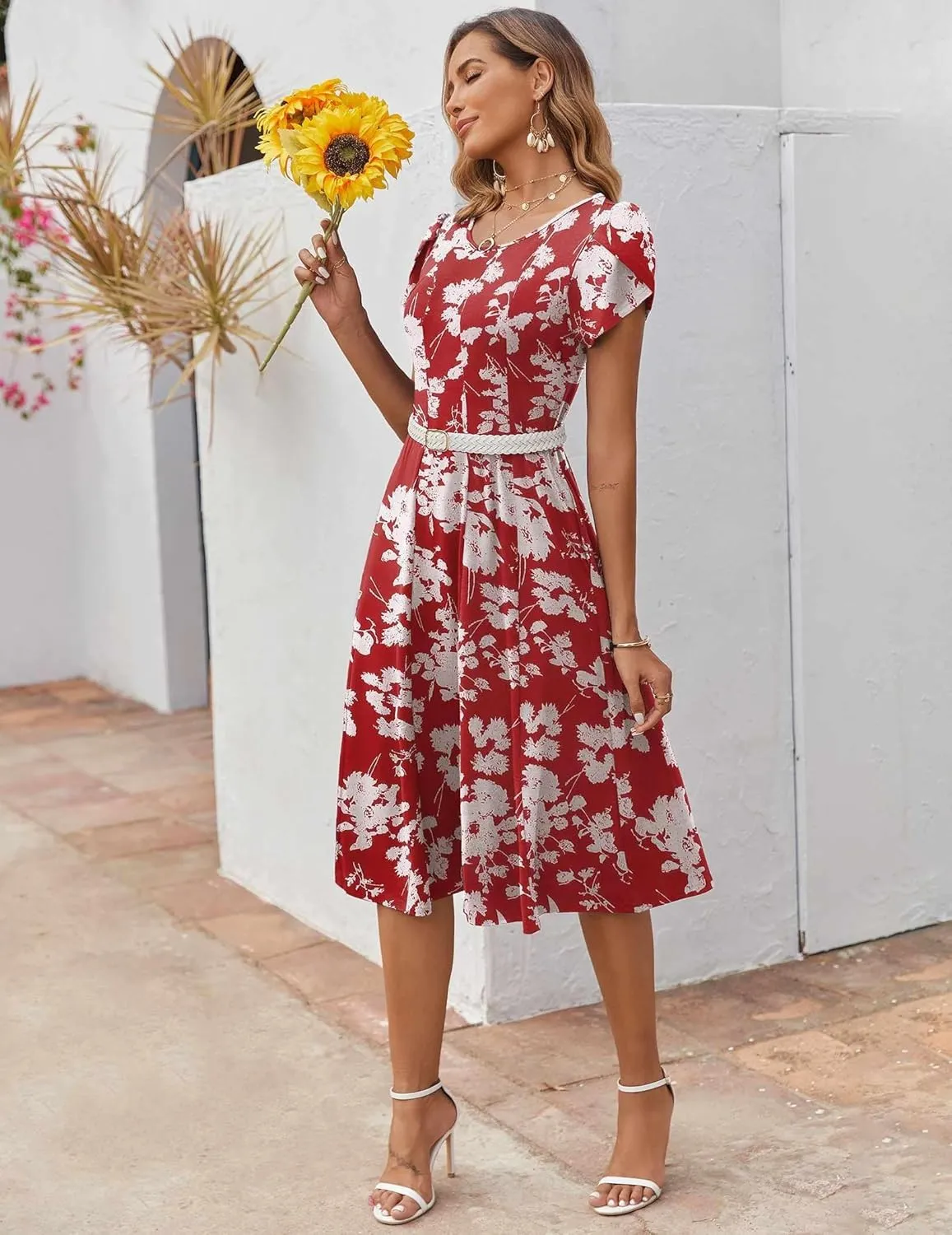 Zeagoo Womens Casual Dresses for Summer Short Sleeve Flare Midi Dress Loose Flowy Beach Sundress