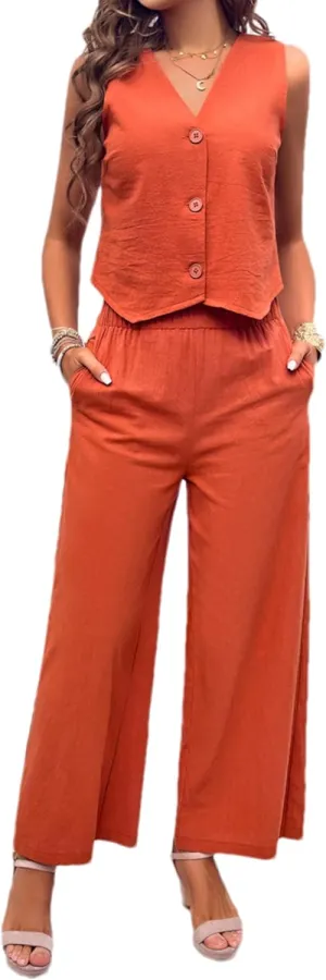 Zontroldy Women's Summer Linen Two Piece Outfits Button Down Vest and Long Pants with Pockets