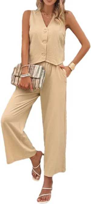 Zontroldy Women's Summer Linen Two Piece Outfits Button Down Vest and Long Pants with Pockets