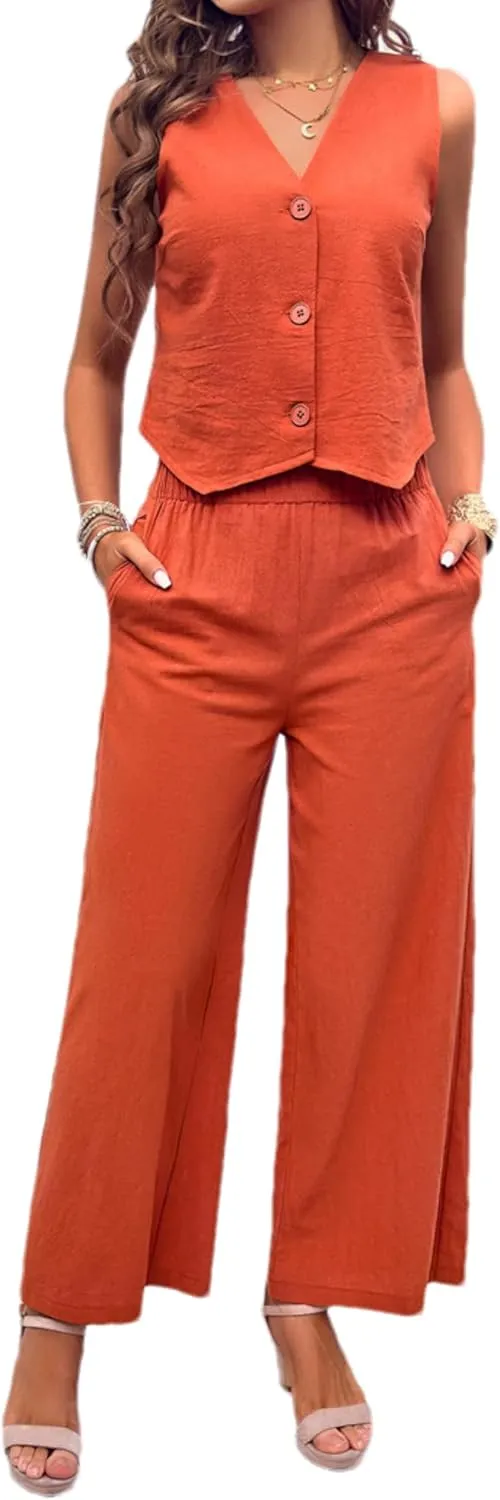 Zontroldy Women's Summer Linen Two Piece Outfits Button Down Vest and Long Pants with Pockets