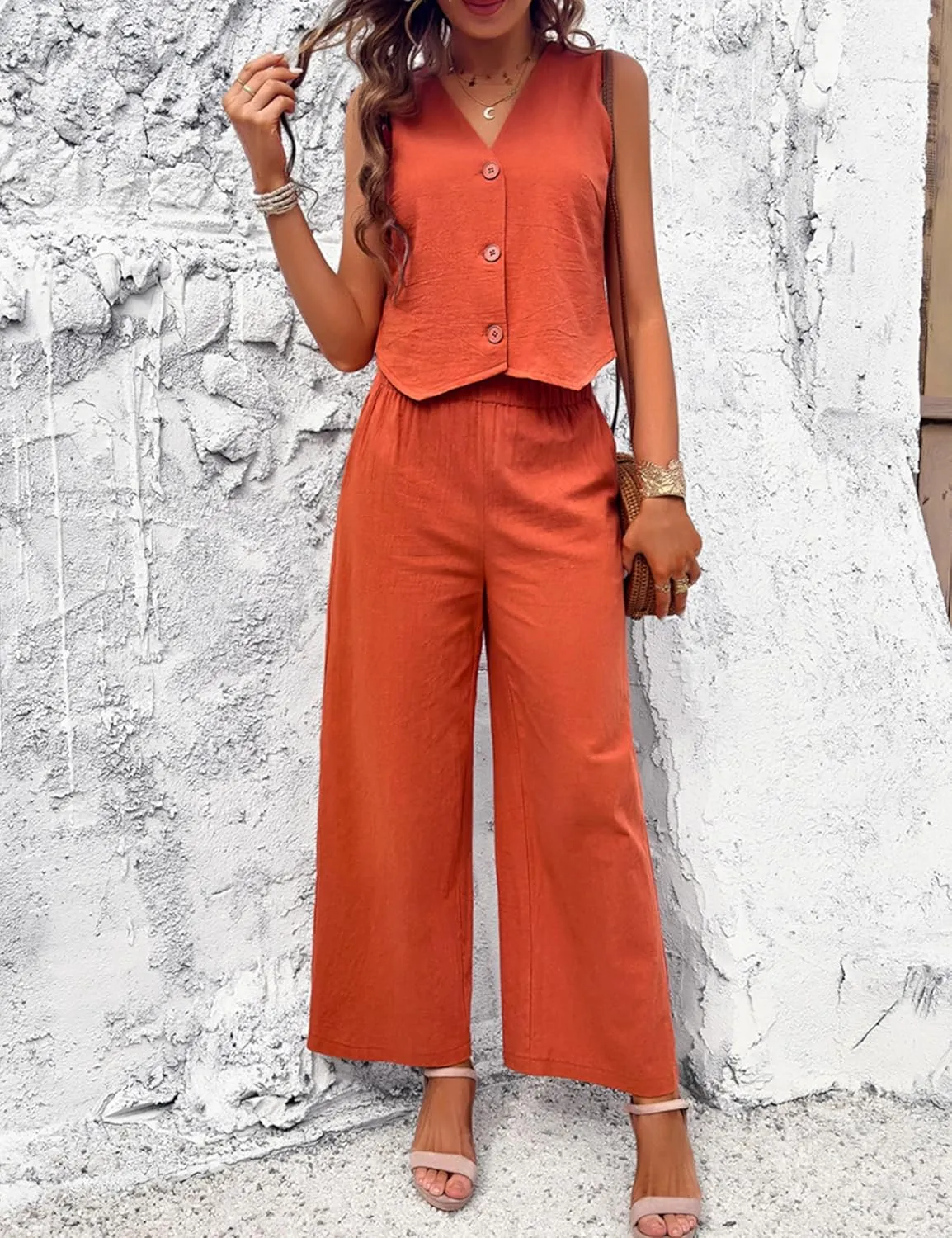 Zontroldy Women's Summer Linen Two Piece Outfits Button Down Vest and Long Pants with Pockets