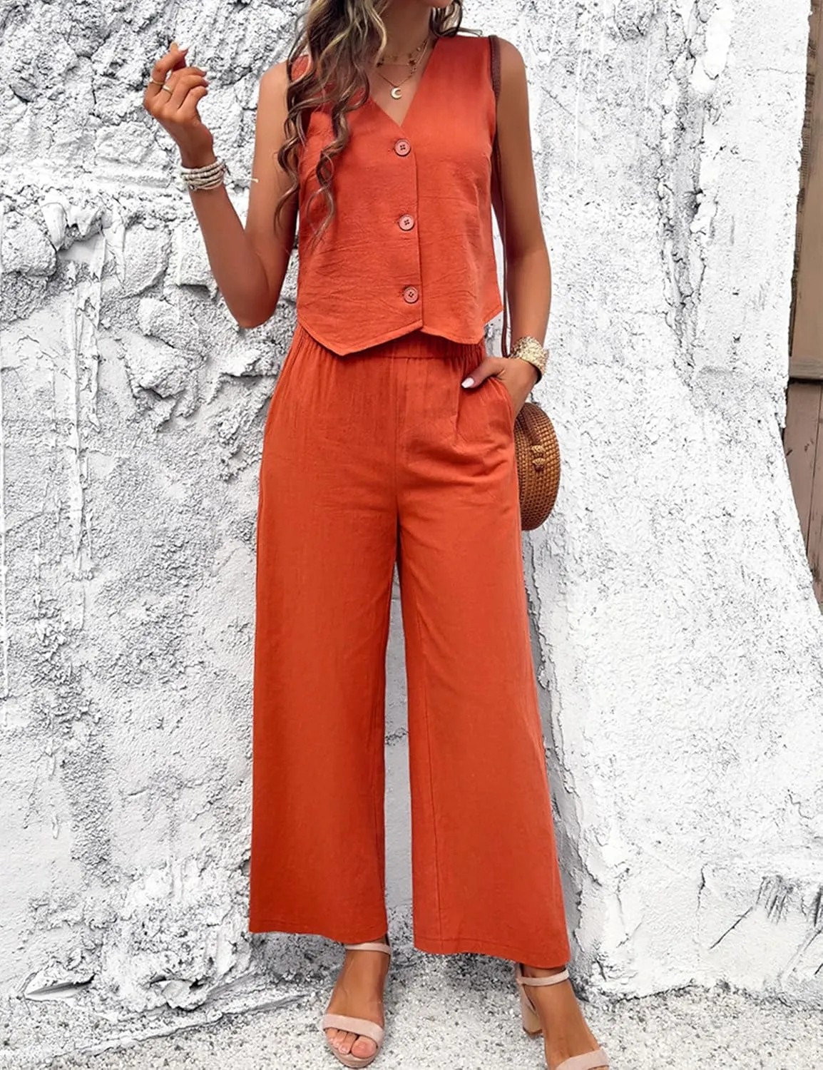 Zontroldy Women's Summer Linen Two Piece Outfits Button Down Vest and Long Pants with Pockets