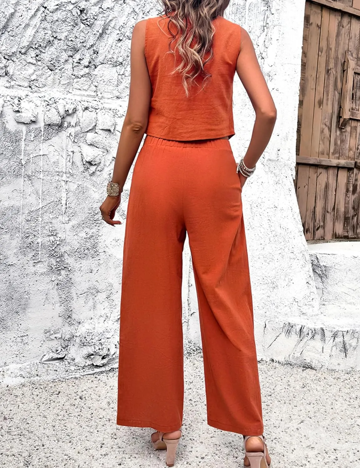 Zontroldy Women's Summer Linen Two Piece Outfits Button Down Vest and Long Pants with Pockets